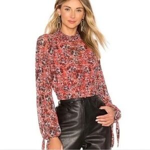 Free people all dolled up orange Floral grey Women's sheer lined blouse large